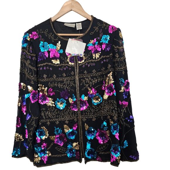 Vintage Silk Blazer Womens Sz Large Black Beaded 90s Floral Glam Elegant Evening - Picture 1 of 9